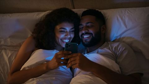 Smiling Couple Sharing Smartphone in Bedroom at Night