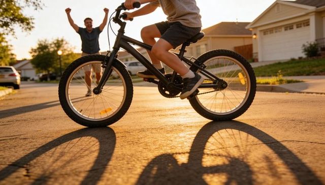 Child pedaling bicycle at golden hour, parent cheering on suburban street