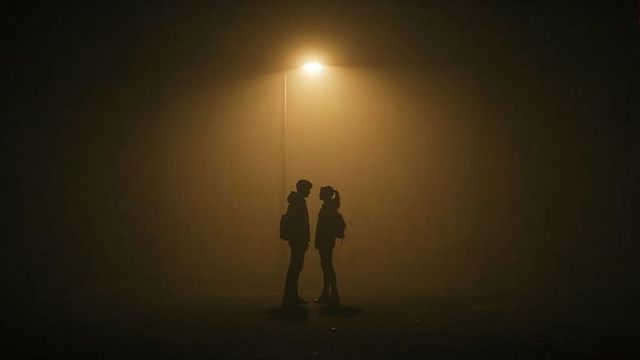 Silhouetted Couple Under Streetlight in Foggy Urban Setting