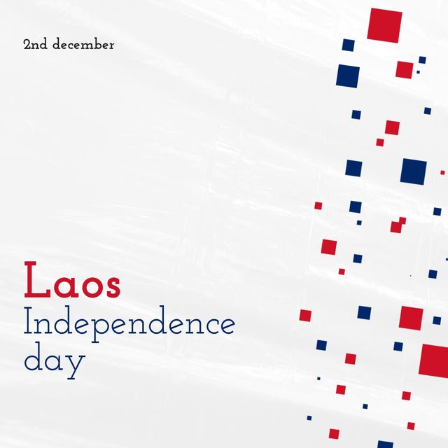 This design template is ideal for celebrating Laos Independence Day on December 2nd. The design features blue and red square patterns on a white background, making it suitable for social media posts, event invitations, and celebratory banners.