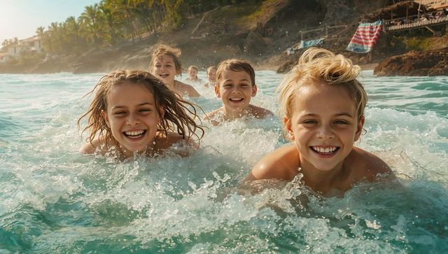 Joyful Children Splashing in Ocean Waves on Tropical Beach