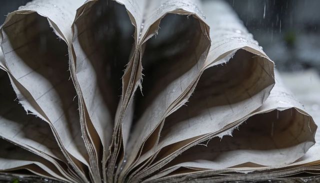 Unfolding notebook pages creating sculptural arches with frayed edges and rain droplets