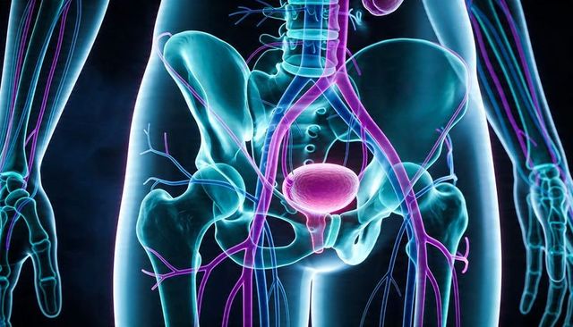 3d clinical anatomy showing pelvic bones, urinary bladder and highlighted vascular network