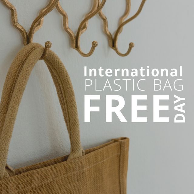 Digital composite image of jute bag with international plastic bag free day text - Download Free Stock Videos Pikwizard.com