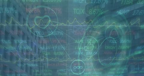 Abstract network and stock market overlaid on cityscape