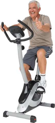 Senior man giving thumbs up on transparent stationary exercise bike