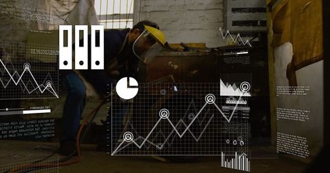 Industrial Welder Crafting Metal with Data Overlay