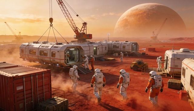 Mars colony construction crew guiding crane lowering habitat module at sunset red planet