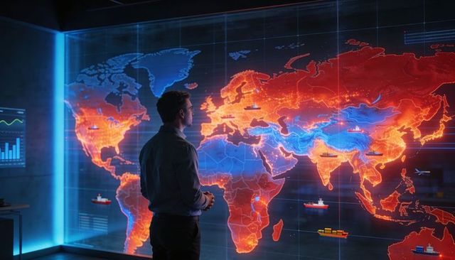 Global Logistics Command Center Monitoring Real-Time Heatmap with Vessel and Air Tracking