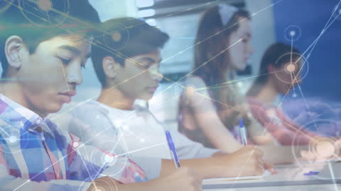 Students Focusing in Classroom with Digital Network Overlay