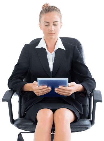 Transparent businesswoman in suit using tablet and sitting on chair