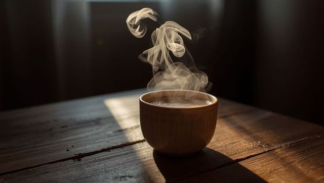 Steaming Wooden Cup on Rustic Table in Sunlight