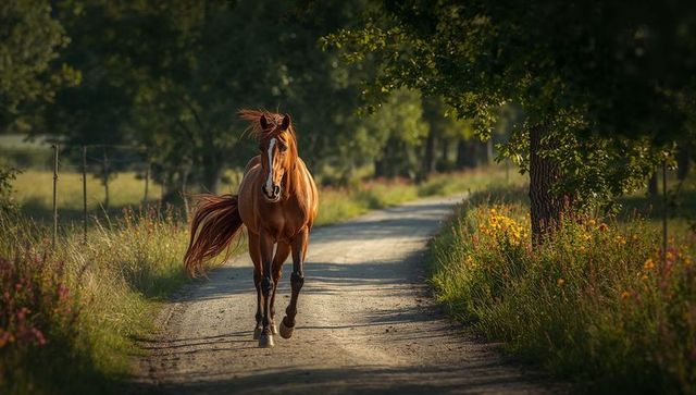 Chestnut horse trotting down tranquil dirt road in summer landscape