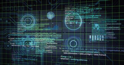 Futuristic HUD projecting layered code, neon data visualizations and holographic grid