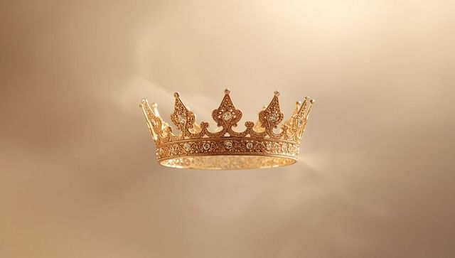 Ornate Gold Crown Floating Over Soft Golden Background, Filigree Gemstone Coronet
