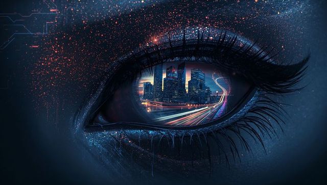 Cybernetic Eye with Cityscape Reflection in Futuristic Void
