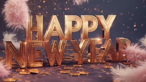Golden Happy New Year Letters Celebrating with Coins, Feathers and Sparkling Confetti