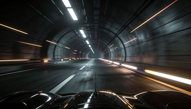 High-speed glossy car hood racing through illuminated wet tunnel with cinematic motion blur