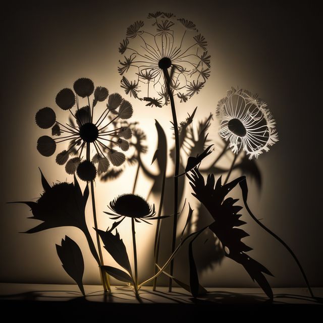 Intricate designs of dandelion and wildflowers creating stunning silhouettes against a backdrop of warm light. Ideal for themes related to nature, handmade art, decorative crafts, and creative design. Perfect for use in art blogs, DIY project posts, environmental campaigns, and floral-themed invitations.