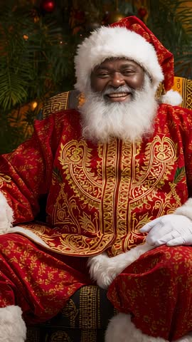 Smiling Santa reacting to offscreen cue in ornate red and gold robe | Vertical holiday video