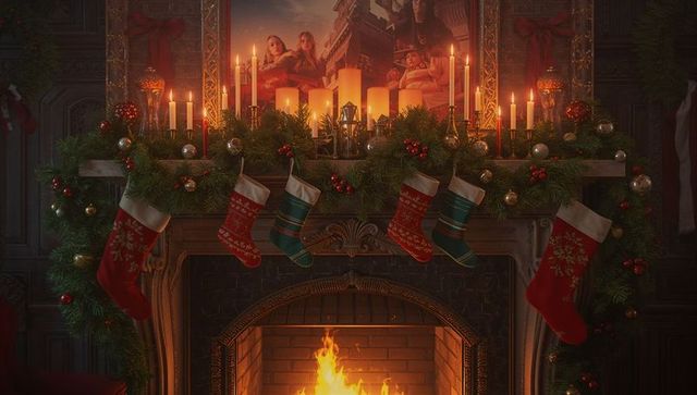Cozy Fireplace with Stockings and Holiday Decorations