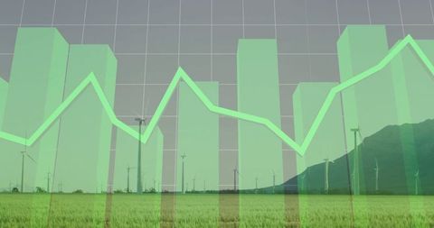 Green energy progress chart with wind turbines and grassy field