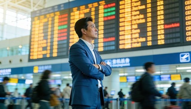 Confident asian businessman standing at airport departure board arms crossed looking ahead