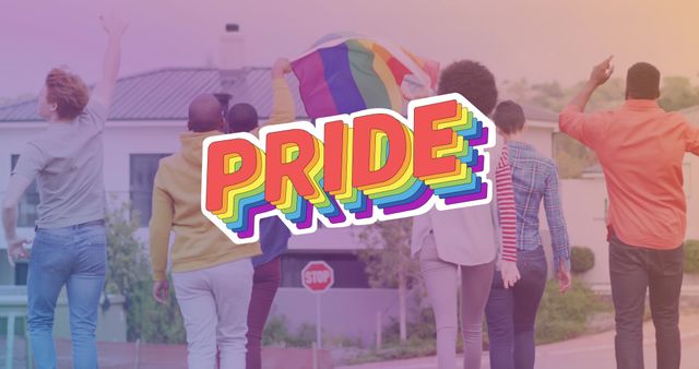 Image of pride text over diverse group of people walking down the street. Lgbtq pride and equality celebration concept digitally generated image.