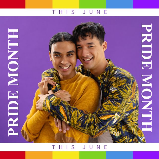 Composition of pride month text over rainbow and happy male gay couple. Pride month, lgbt, human rights and equality concept digitally generated image.