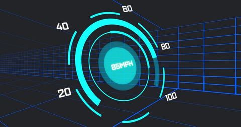 Futuristic digital speedometer display in neon grid tunnel