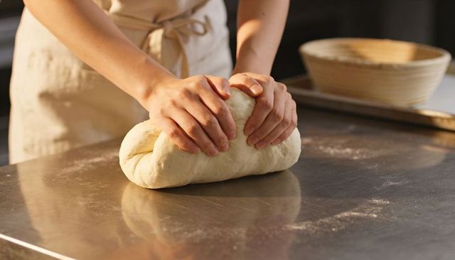 Shaping Artisan Sourdough Loaf Dough by Hand on Stainless Counter with Banneton and Apron