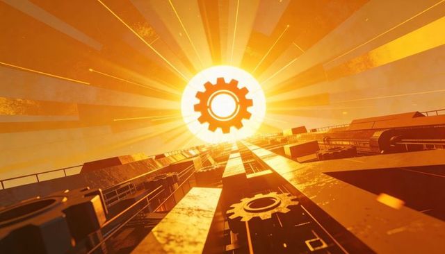 Radiating glowing gear beacon lighting vertical industrial shaft with walkways and pipes