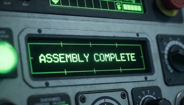 Green backlit control panel showing assembly complete on rugged cockpit console