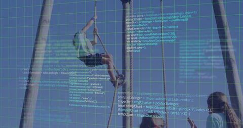 Child climbing rope with coding overlay illustrating digital and physical fusion