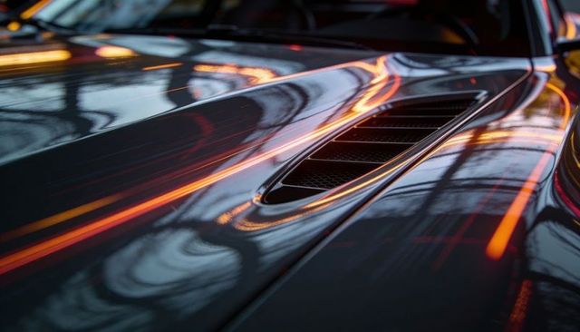Glossy sports car hood reflecting neon orange light streaks with vent detail