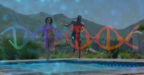 Joyful Couple Enjoying Day by Pool with DNA Helix Symbolizing Vitality