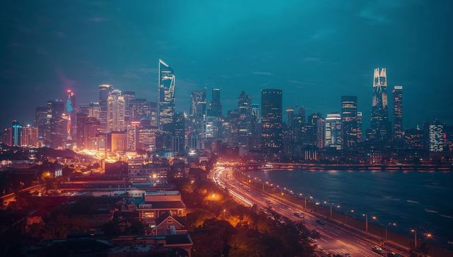 Vibrant Urban Nightscape with Illuminated Towers and Light Trails