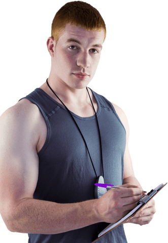 Transparent Fit Personal Trainer Writing on Clipboard