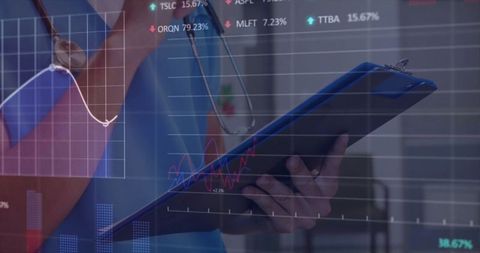 Healthcare Professional Analyzing Medical Data with Financial Graphs Overlay