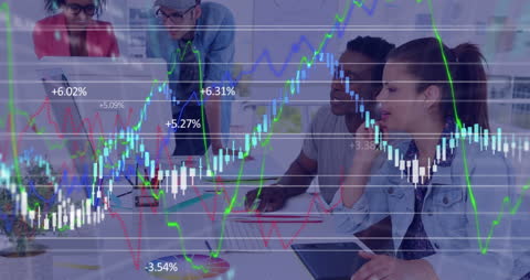Diverse Coworkers Analyzing Stock Market Graphs