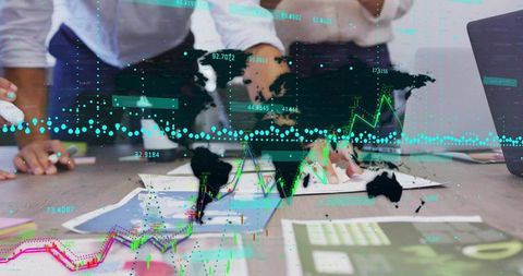 Professionals Analyzing Data Trends with Digital Overlay