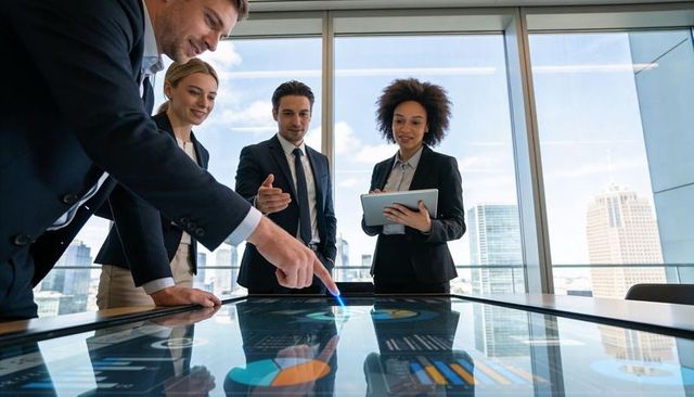 Executive team collaborating around interactive touchscreen table analyzing dashboards