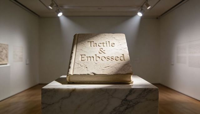 Tactile embossed stone book sculpture resting on marble plinth in modern museum gallery