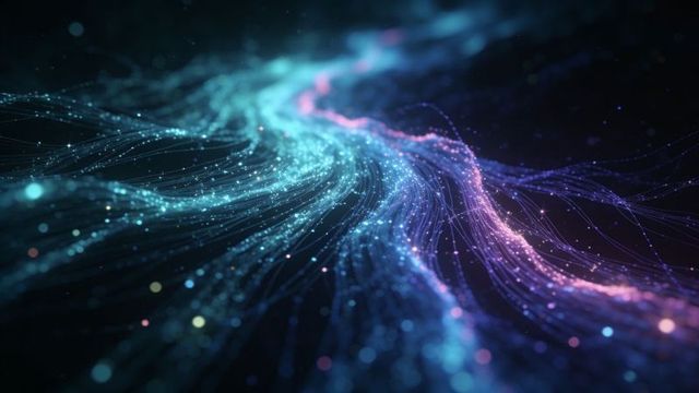 Flowing neon particle ribbons twisting through dark void with cyan teal and pink filaments