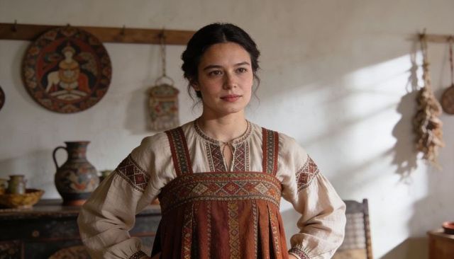 Standing woman wearing embroidered blouse and rust pinafore in sunlit cottage kitchen