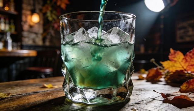Emerald cocktail pouring into faceted tumbler with ice and autumn leaves