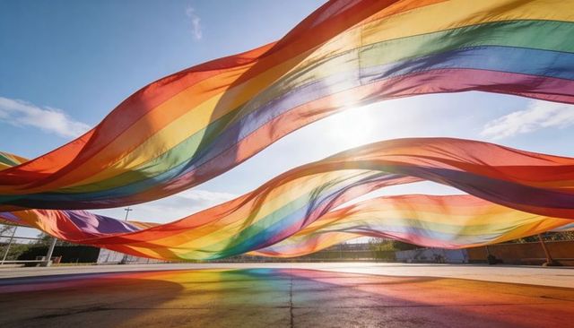 Flowing rainbow fabric waves backlit by sun, casting vivid prism reflections on pavement