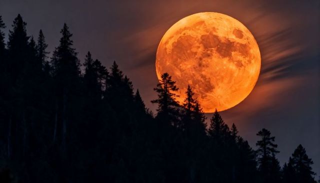 Orange harvest moon rising behind conifer ridge with silhouetted pines and wispy clouds