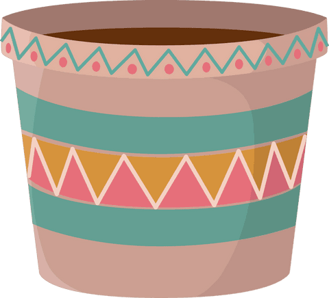 Decorative bohemian planter pot with brown soil on transparent background