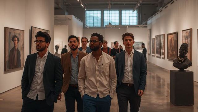Group of young professionals walking through contemporary art gallery wearing blazers